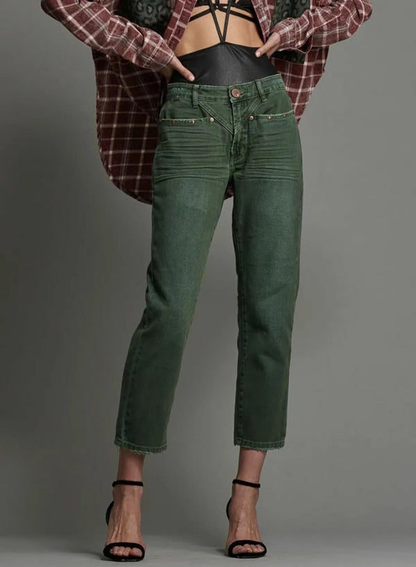 FRENCH KHAKI REFORMED TRUCKERS MID RISE STRAIGHT LEG JEAN